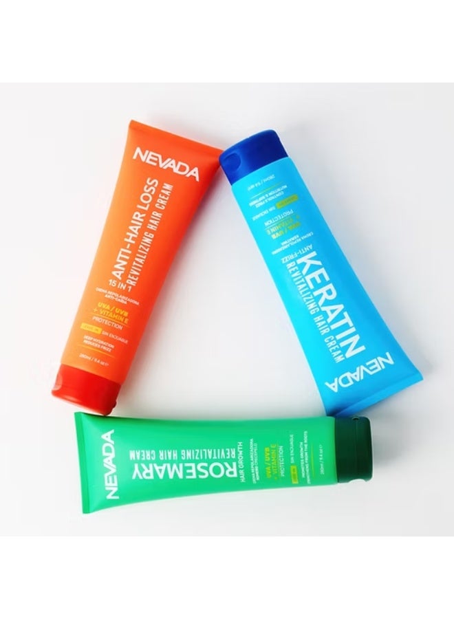 NEVADA 3in1 Nevada Keratin Anti-Hair Loss RoseMary Revitalizing Hair Cream UVA/UVS+VitaminE 280x3ml - Image 1